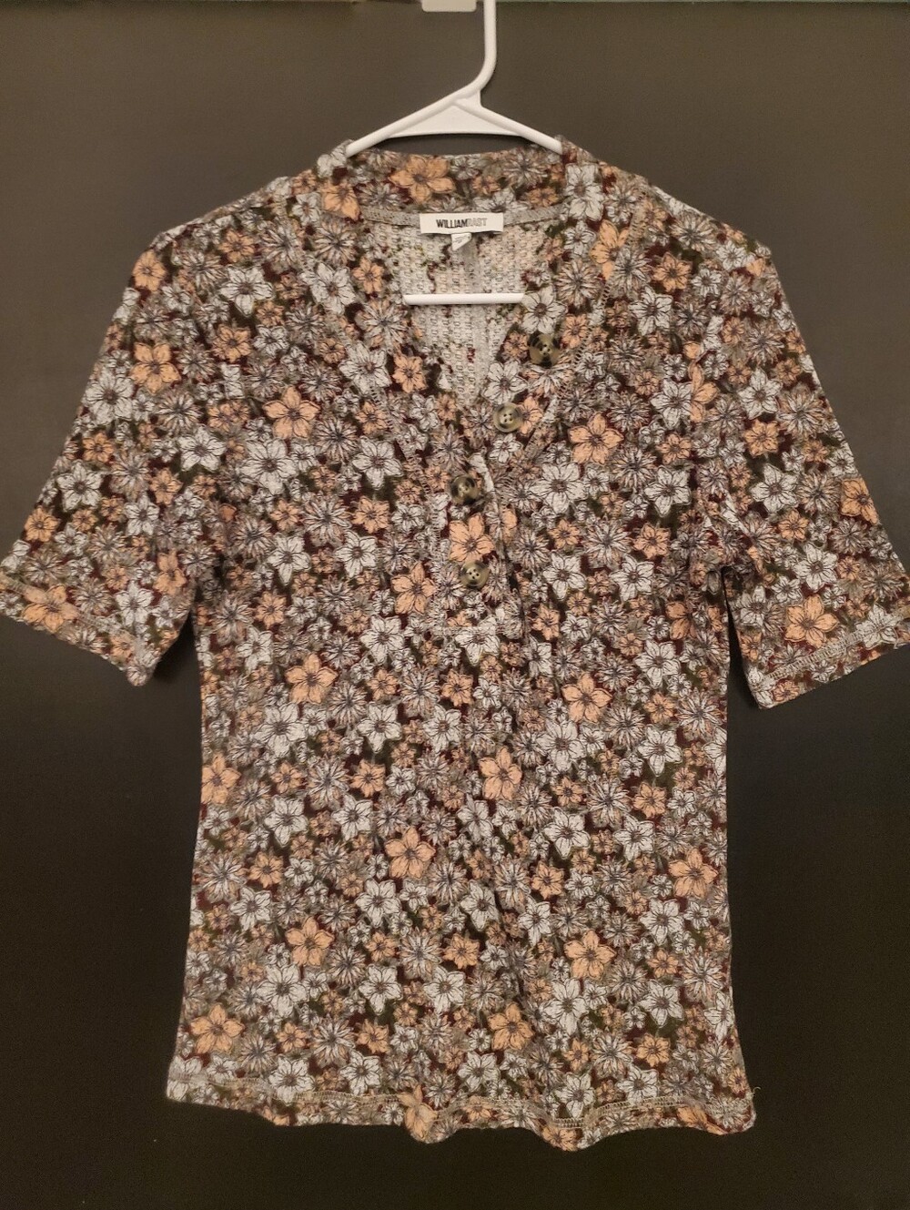 WILLIAM RAST FLORAL WAFFLE KNIT BUTTON DOWN SHORT SLEEVE TOP WOMENS M